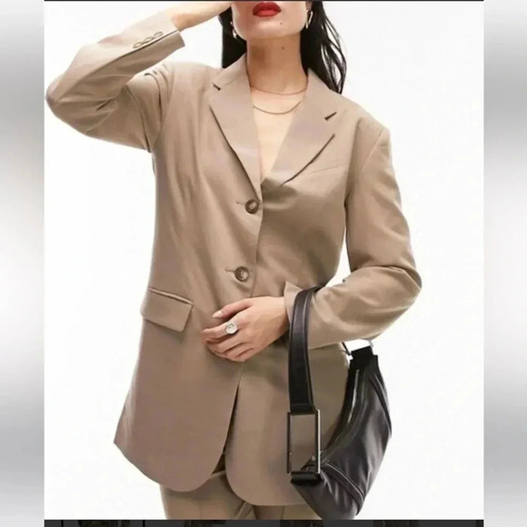 Topshop NWT Belted Waist Long Blazer Tan Women’s Size 2 [retail $110] - Picture 3 of 15